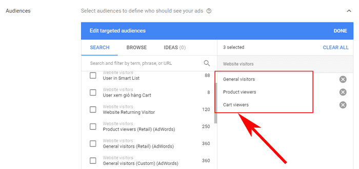 Hướng dẫn Cài đặt Google Dynamic Remarketing 24 - Choose audiences
