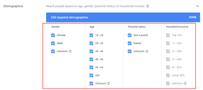 Hướng dẫn Cài đặt Google Dynamic Remarketing 25 - Choose demographics